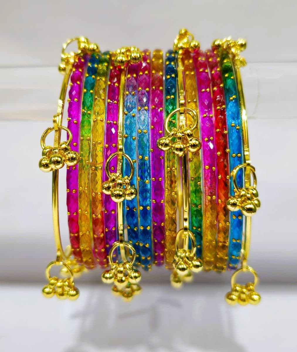 Gold-Plated with Ghungroo Charms Raindrop Glass Bangles for Women |Traditional & Festive Wear (Pack of 16)